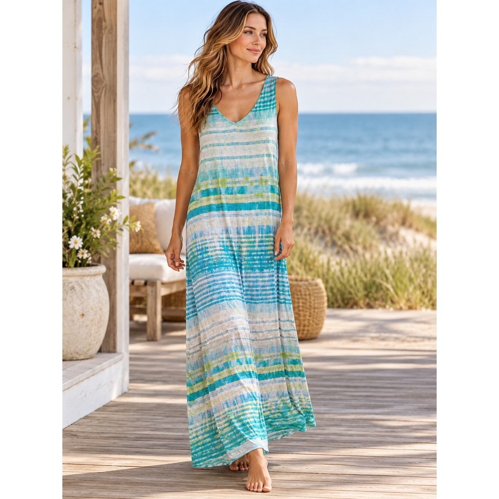 J. Jill Medium Tall Blue Green Striped Maxi Dress V-Neck Beachy Coastal Rayon MT